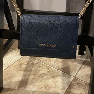 Michael Kors navy blue and gold pocketbook gold chain leather magnet opening